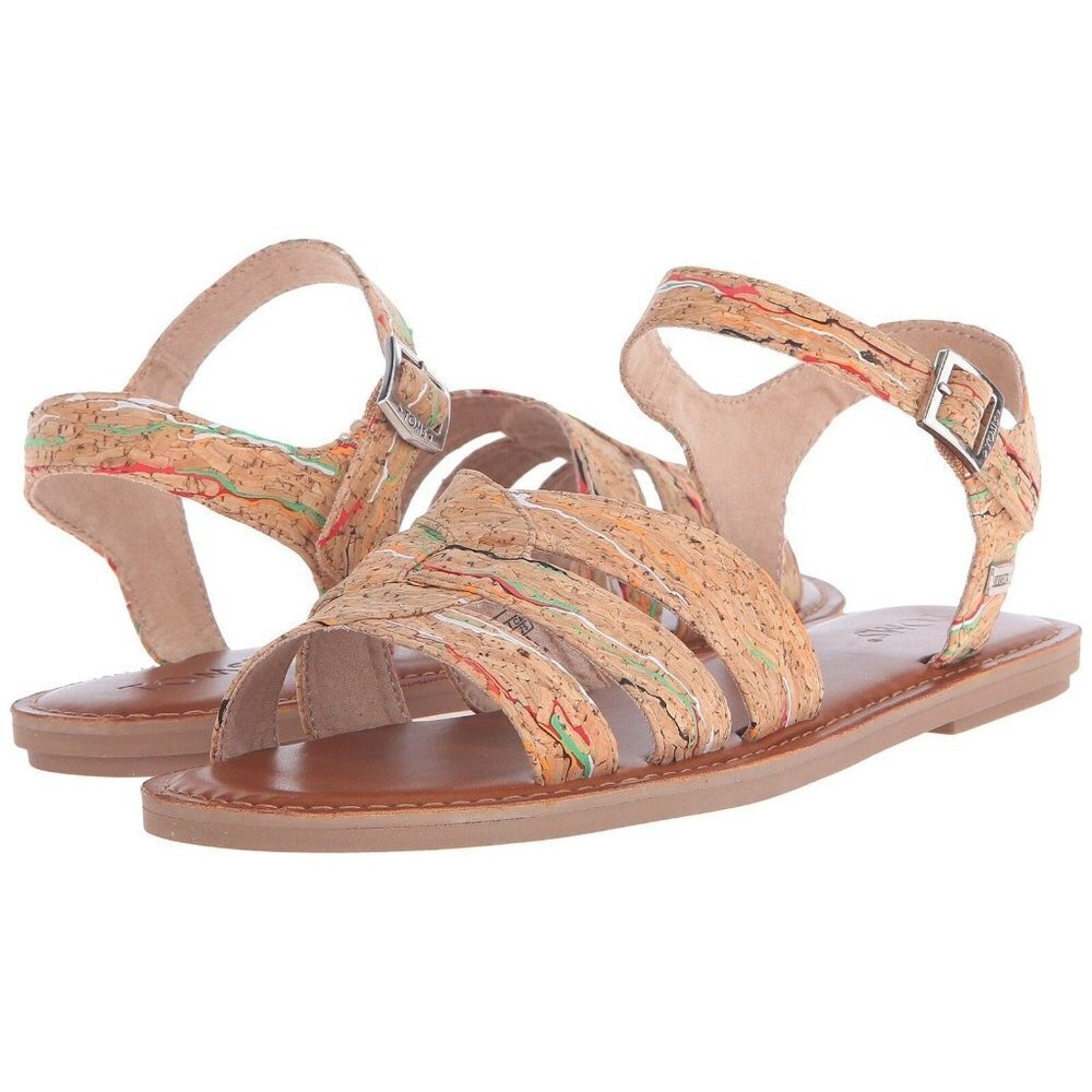 Toms Size 5.5 Zoe Cork Paint Splattered Flat Sandals Multi Color Ankle Strap